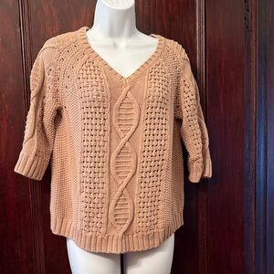 Textured V-Neck Cable Sweater in Blush